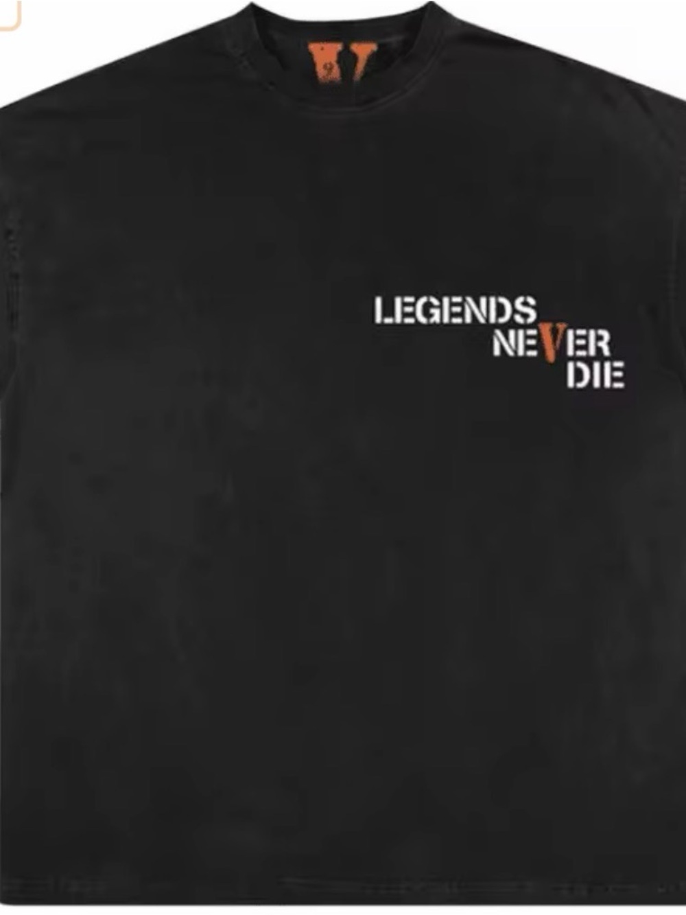 VLONE Black 'Legends Never Die' Short Sleeve Tee with White and Orange Text